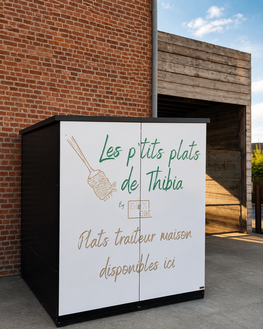 Le distributeur Les p'tits plats de Thibia, installé devant un bâtiment en briques
